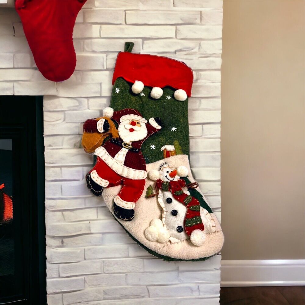 Crystal Snow applique Christmas Stocking Vtg holiday decor Santa Snowman 18 inch